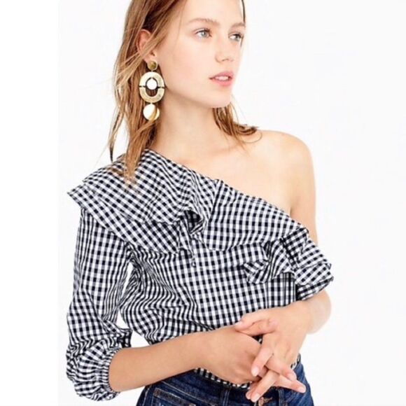 J. Crew Checker One Shoulder Blouse Navy White Womens Size 8 - Picture 1 of 5